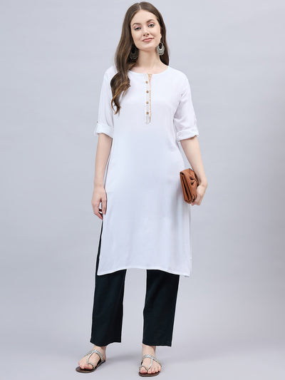 White Round Neck Straight Fit Rayon Kurti 2XL