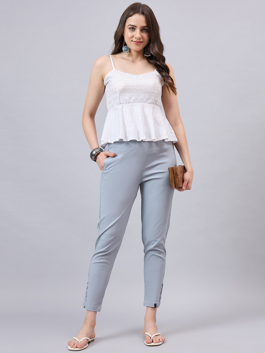 Light Grey Regular Fit Potli Pants