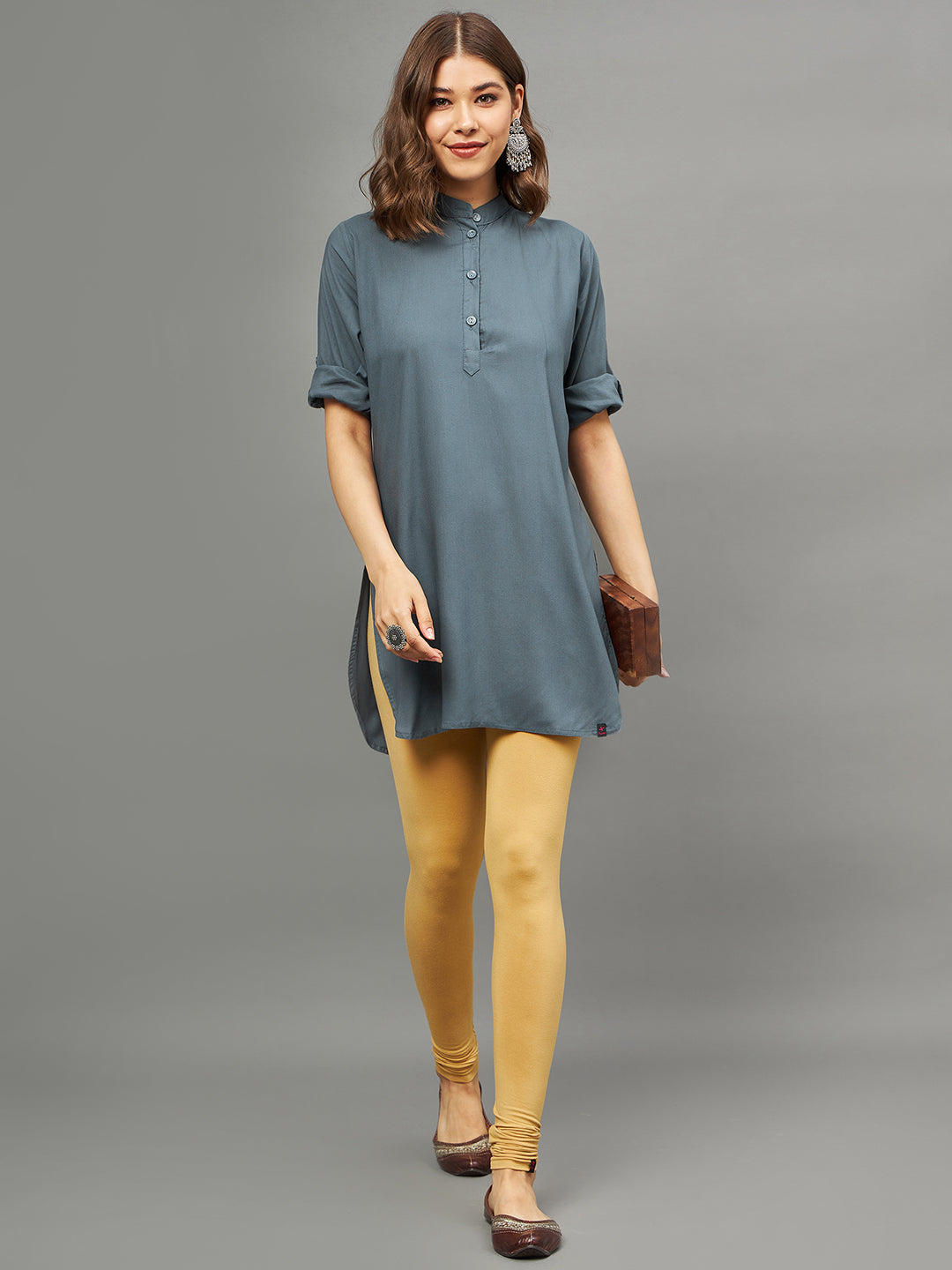 Dark Grey Solid Coloured Short Kurti - 32" Length