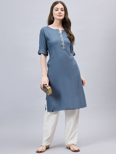 Dark Grey Round Neck Straight Fit Rayon Kurti XL