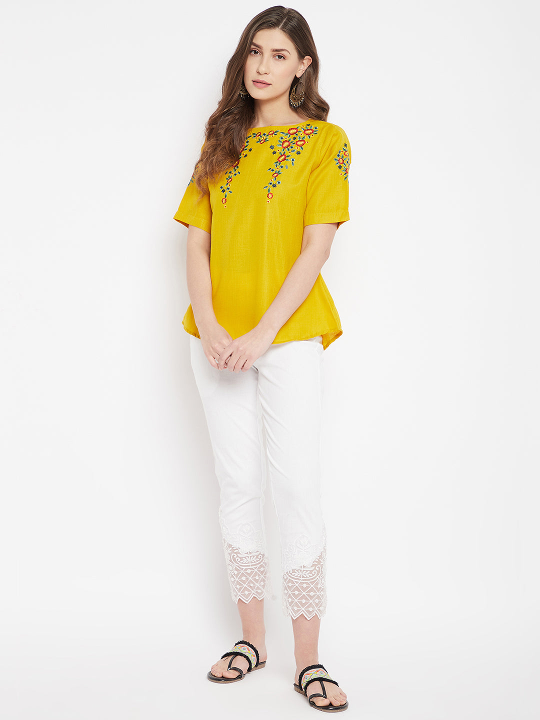 White Embroidery Lace Cotton Lycra Pants