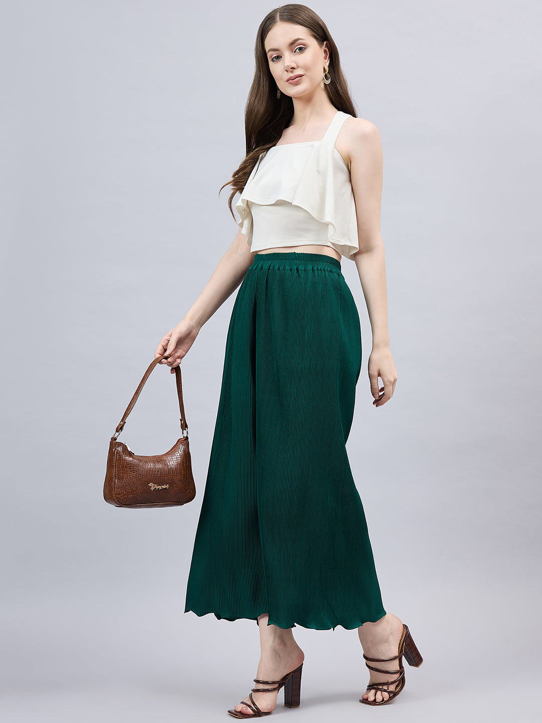 Bottle Green Pleated Chiffon Palazzo