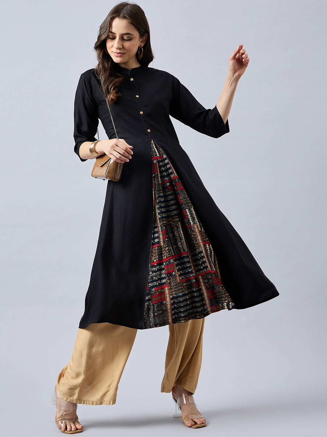 Women Mandarin Collar Anarkali Panelled Rayon Kurta