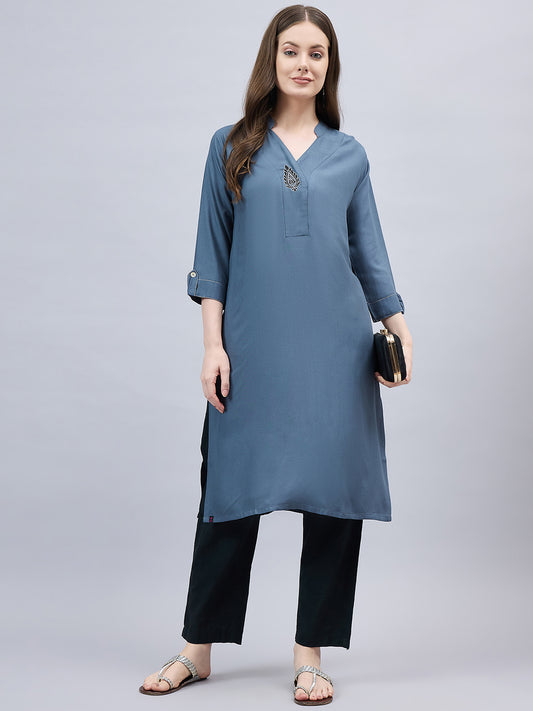 Dark Grey V-Neck Straight Fit Rayon Kurti