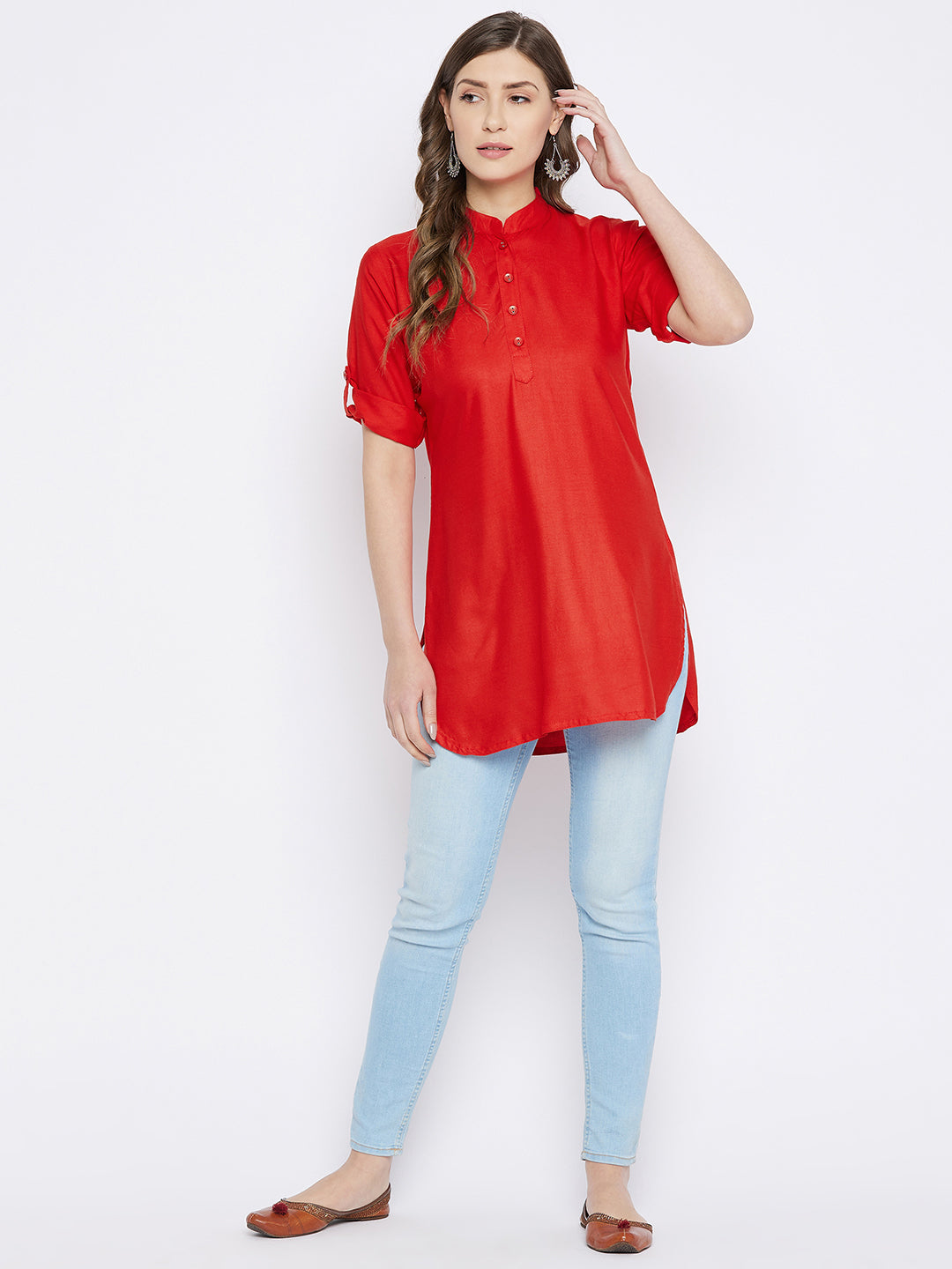 Red Solid Coloured Short Kurti - 32" Length