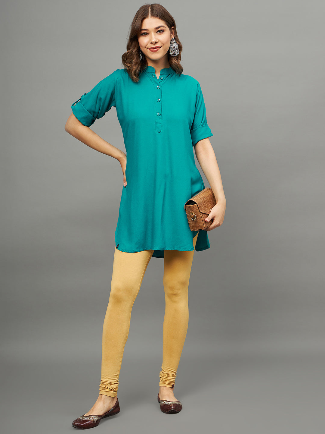 Rama Green Solid Coloured Short Kurti - 32" Length