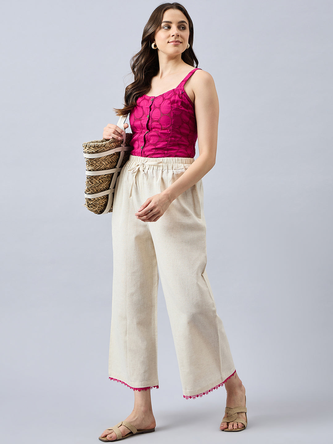 Cotton Palazzo With Rani Pink Lace Detailing