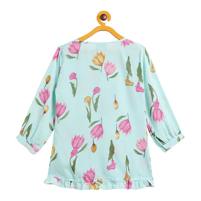 Kids Top Floral Printed Collar Pattern - Sea Green