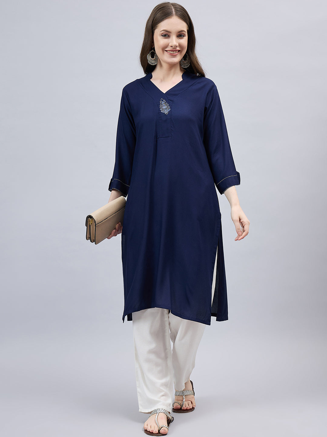 Navy Blue V-Neck Straight Fit Rayon Kurti