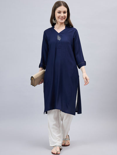 Navy Blue V-Neck Straight Fit Rayon Kurti XL