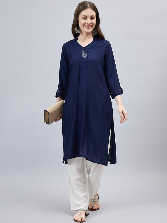 Navy Blue V-Neck Straight Fit Rayon Kurti