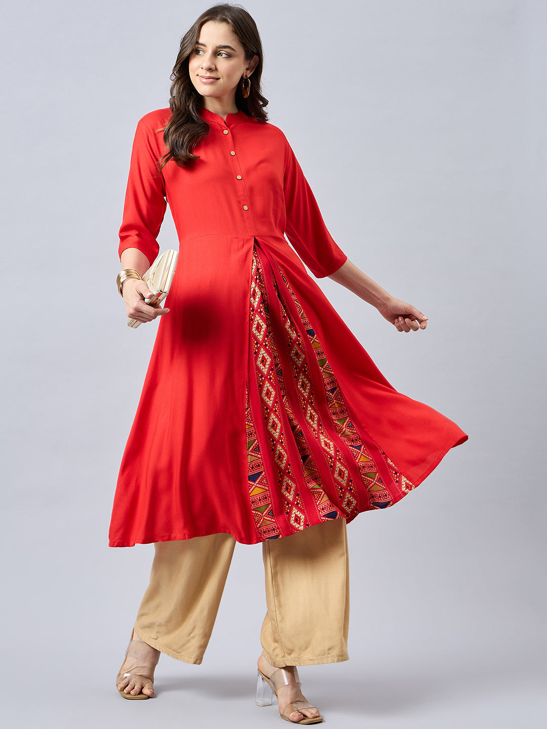 Women Mandarin Collar Anarkali Panelled Rayon Kurta