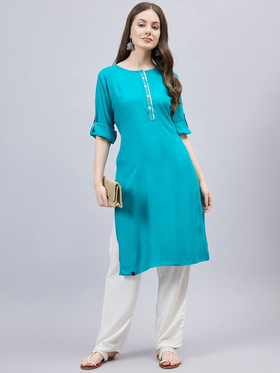 Turquoise Round Neck Straight Fit Rayon Kurti XL
