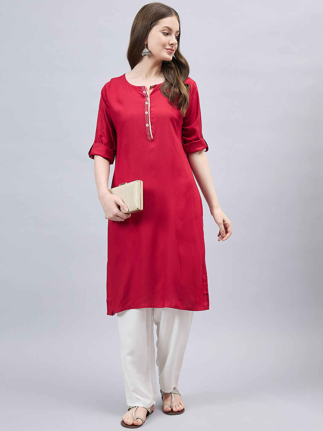 Red Round Neck Straight Fit Rayon Kurti