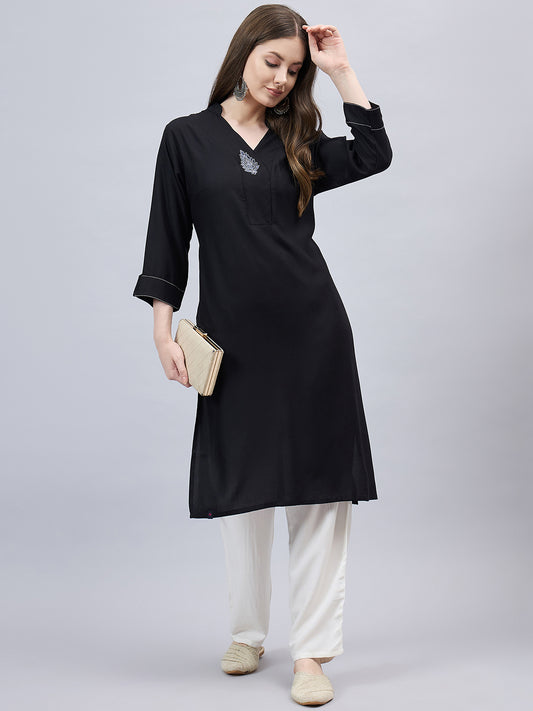 Black V-Neck Straight Fit Rayon Kurti