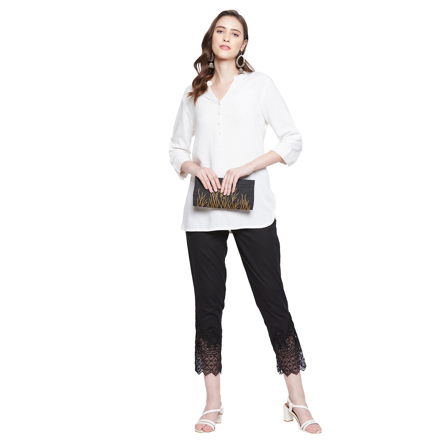 Black Embroidery Lace Cotton Lycra Pants