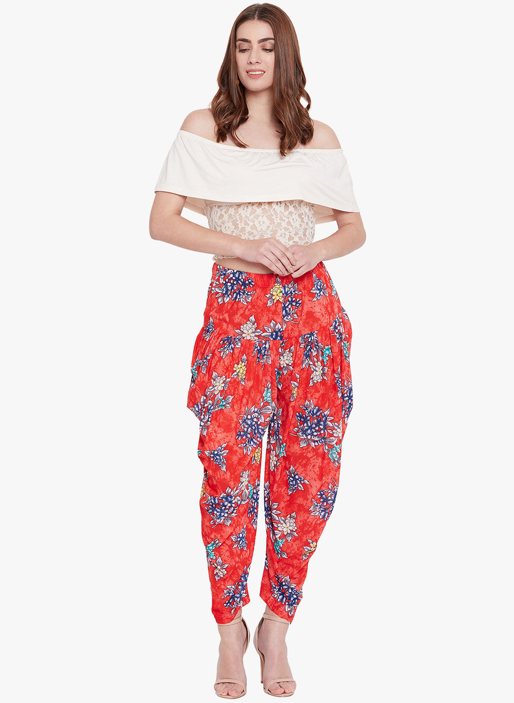 Floral Red Printed Dhoti Freesize