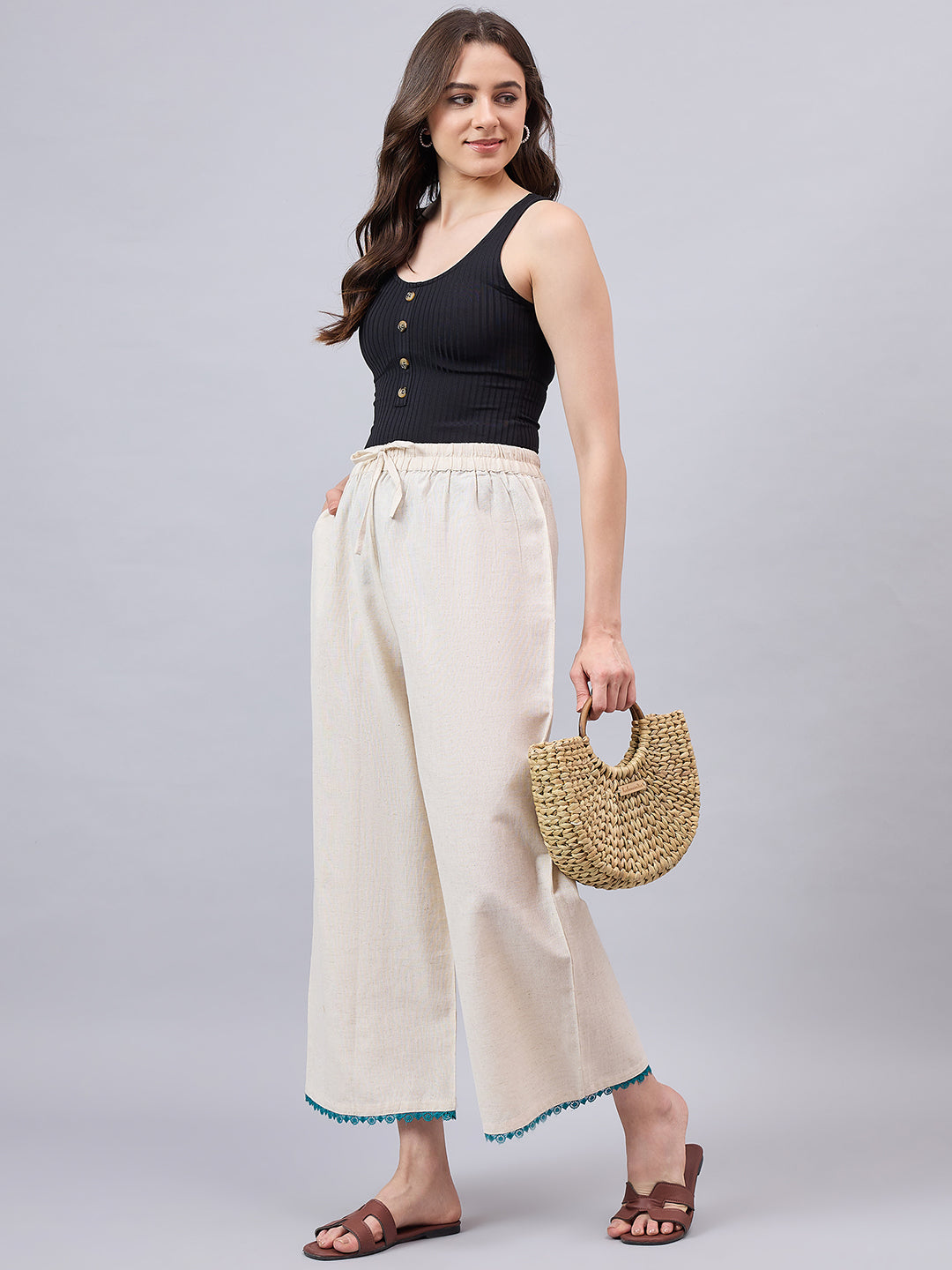 Cotton Palazzo With Turquoise Lace Detailing