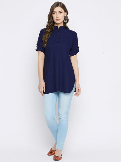 Navy Blue Solid Coloured Short Kurti - 32" Length L