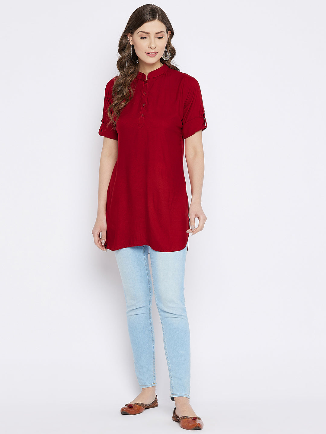 Maroon Solid Coloured Short Kurti - 32" length