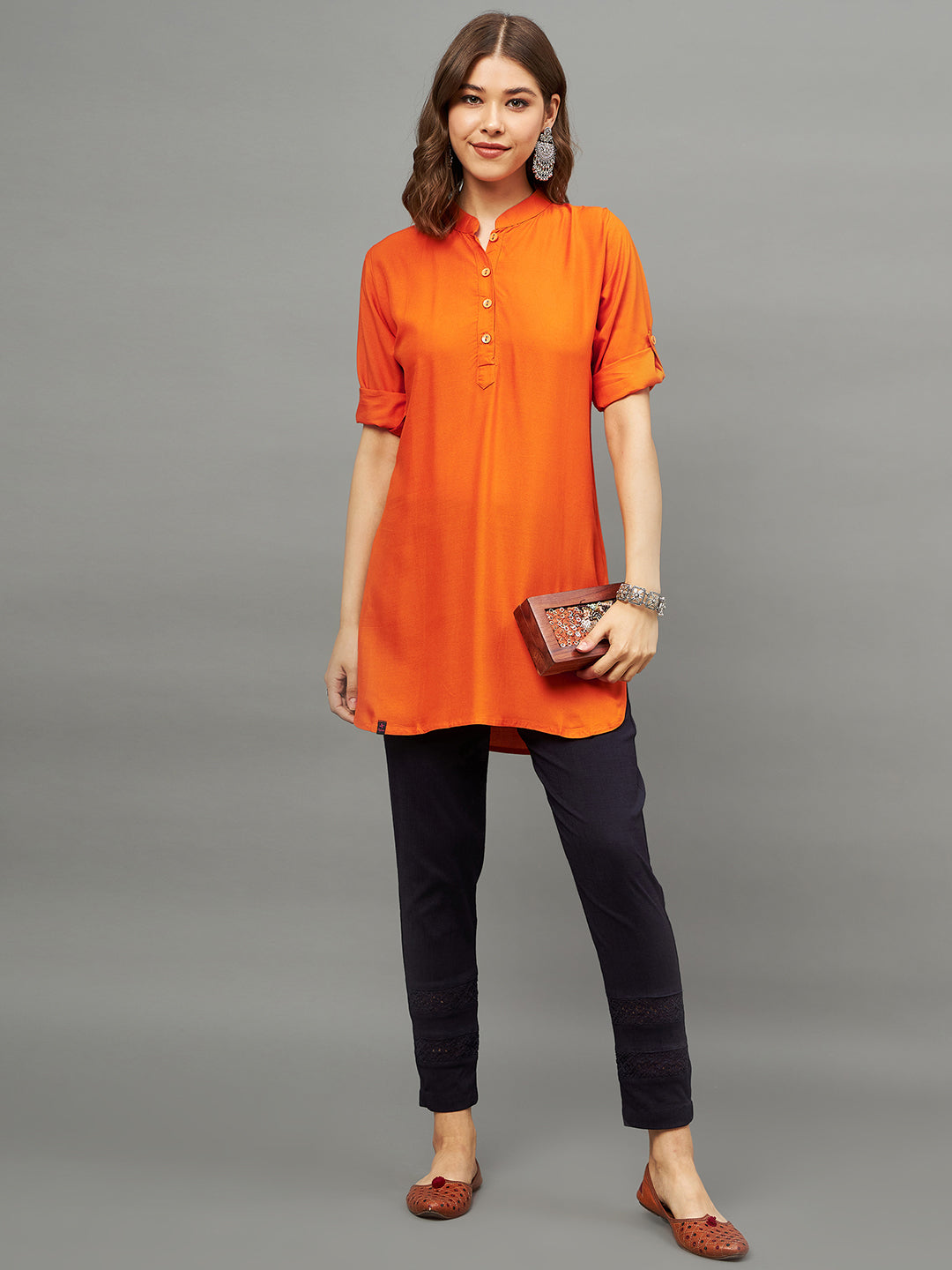 Orange Solid Coloured Short Kurti - 32"Length
