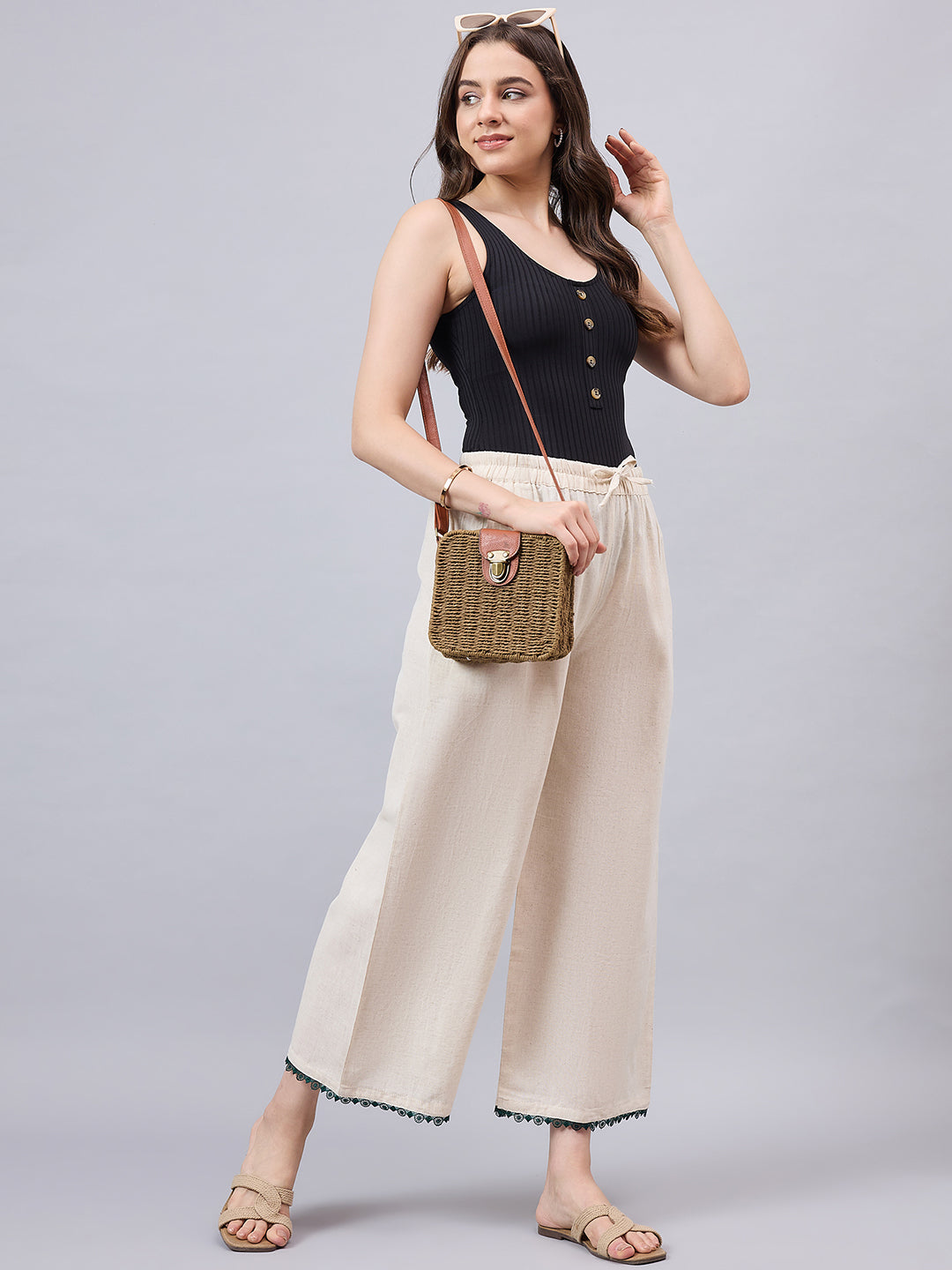 Cotton Palazzo With Dark Green Lace Detailing