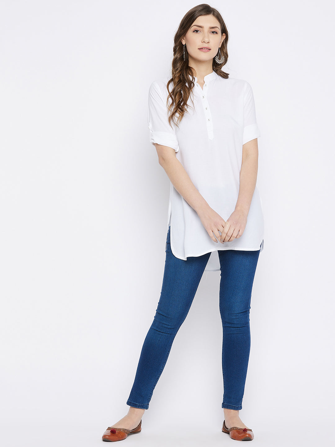 White Solid Coloured Short Kurti - 32" Length L