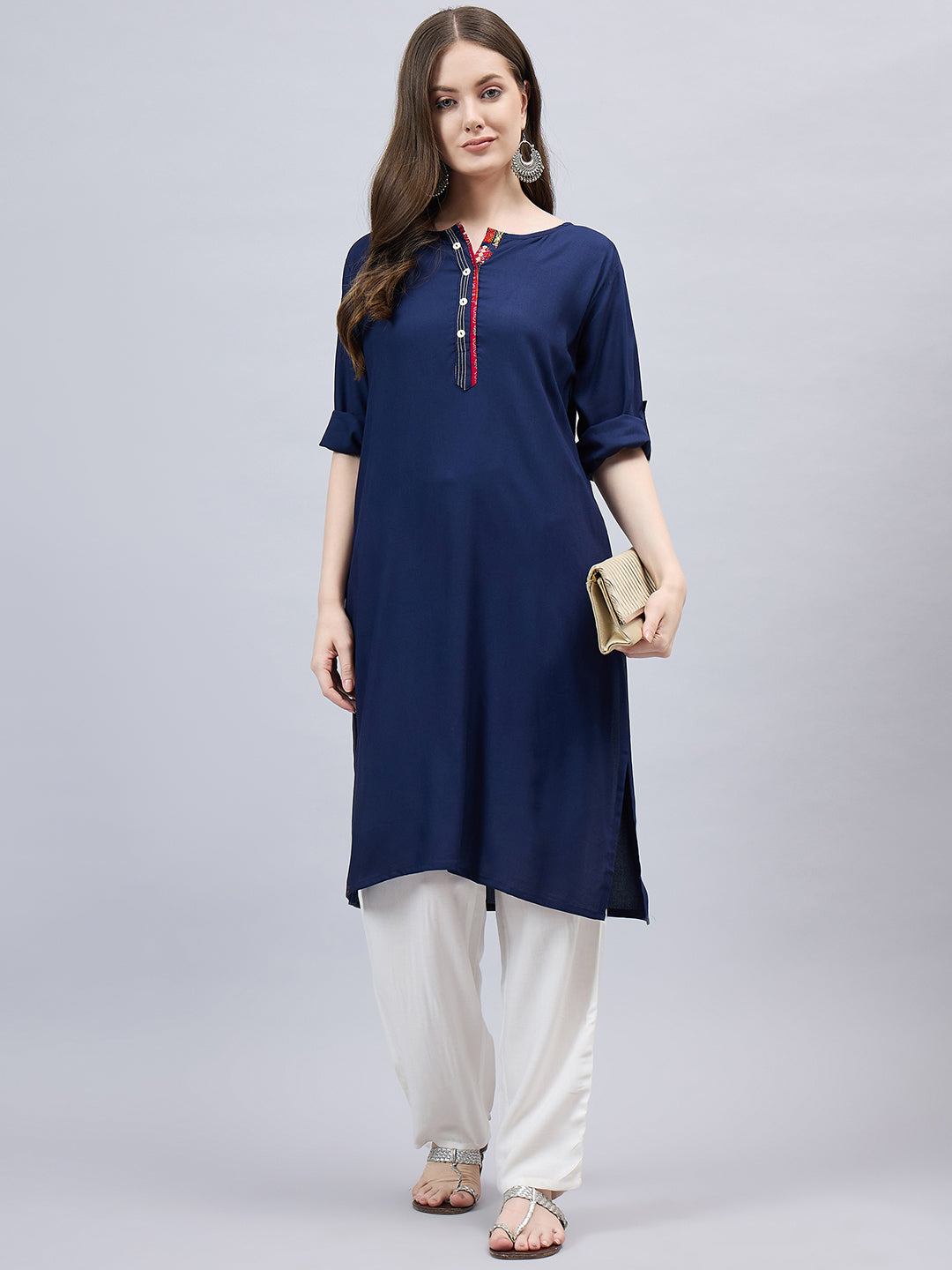 Navy Blue Round Neck Straight Fit Rayon Kurti