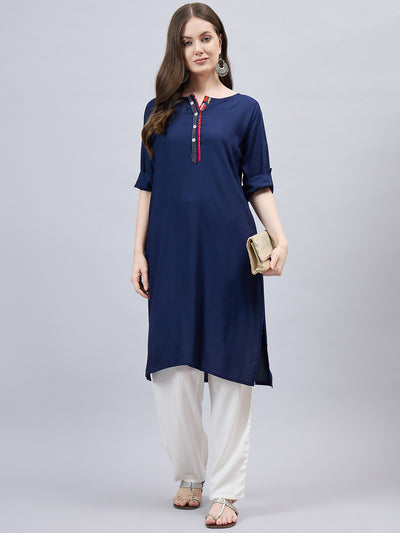 Navy Blue Round Neck Straight Fit Rayon Kurti