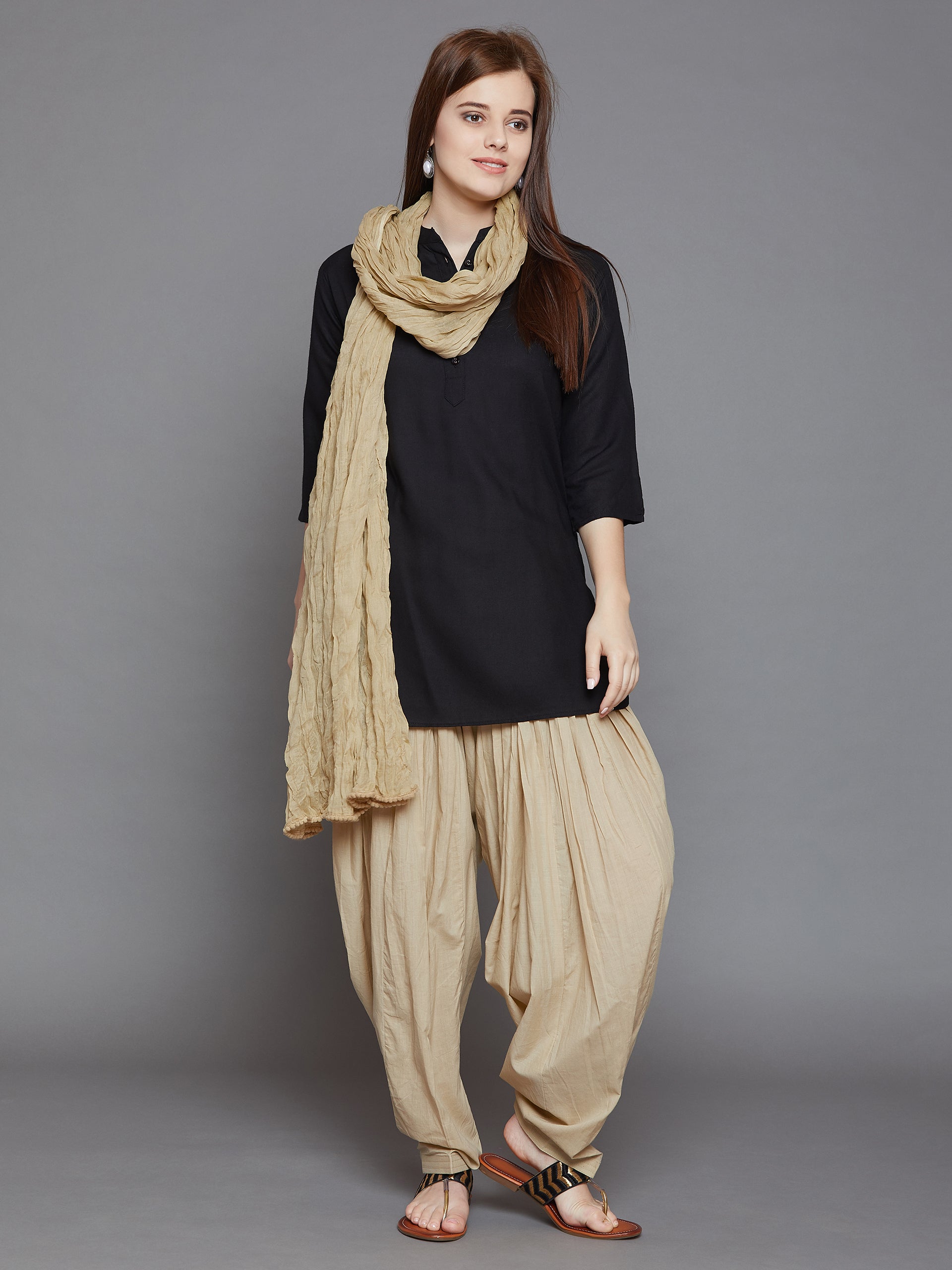 Fawn/Skin Cotton Plain Patiala with Dupatta