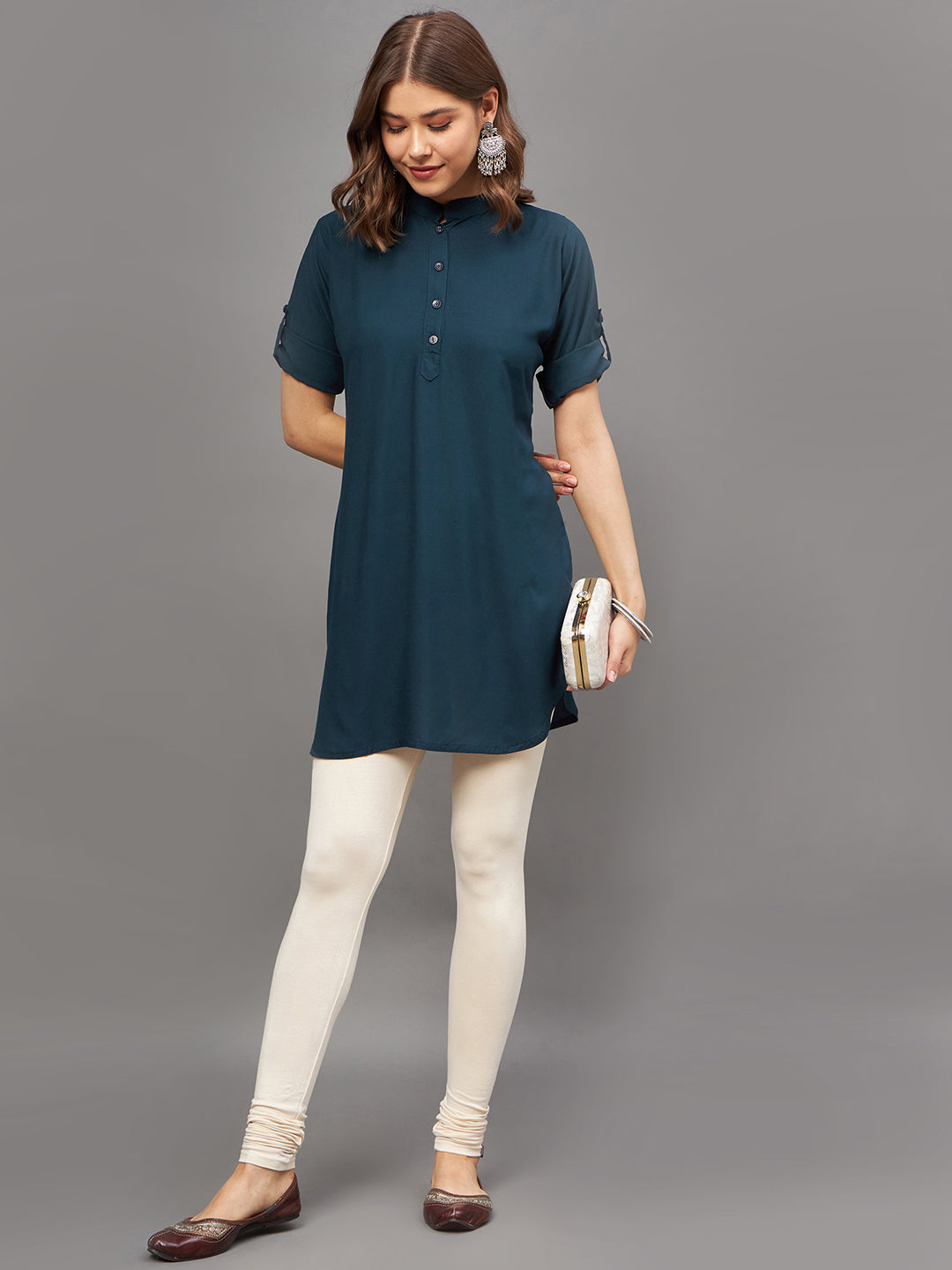 Bottle Green Solid Coloured Short Kurti - 32" Length