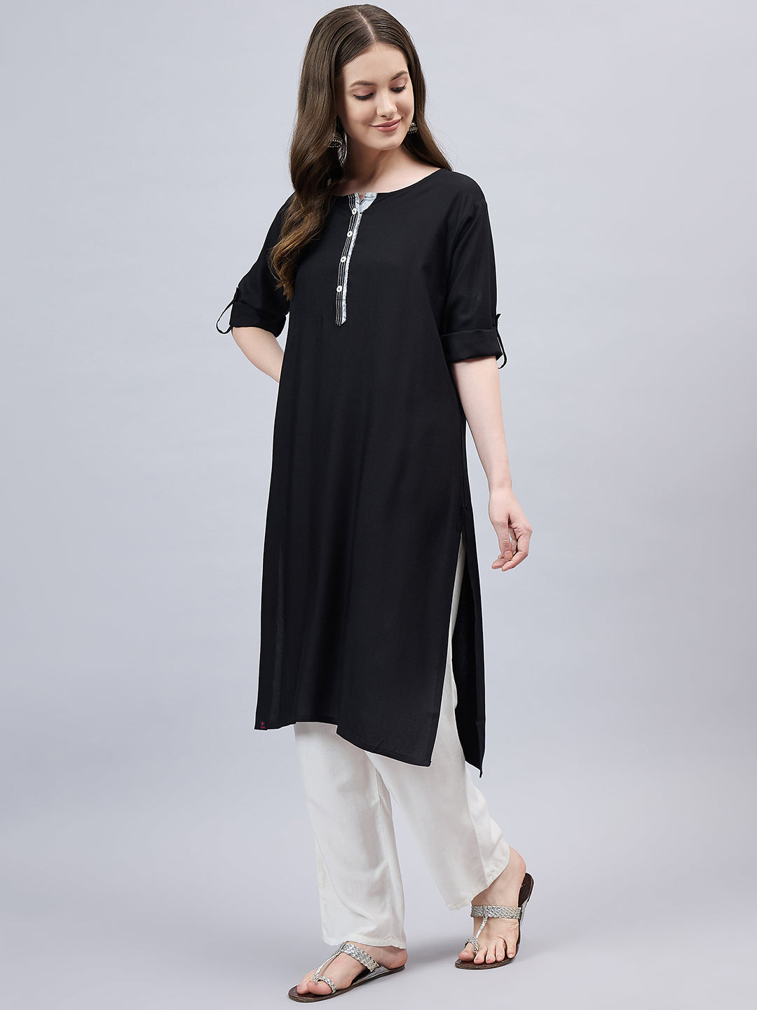 Black Round Neck Straight Fit Rayon Kurti