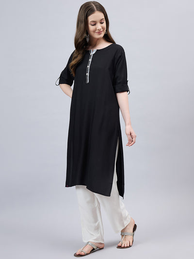 Black Round Neck Straight Fit Rayon Kurti XL