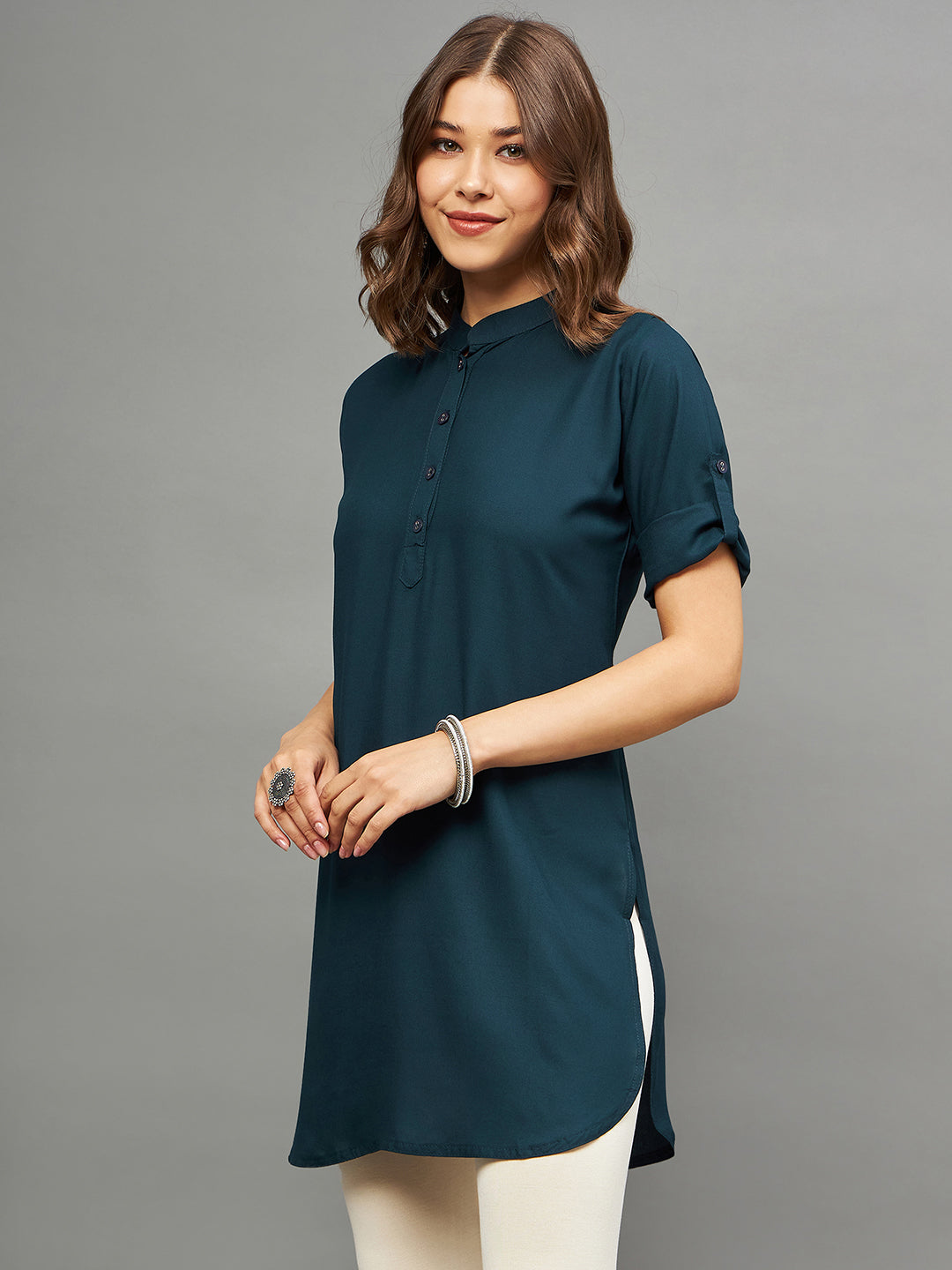 Bottle Green Solid Coloured Short Kurti - 32" Length