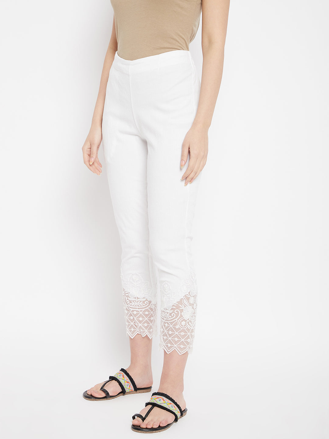 White Embroidery Lace Cotton Lycra Pants