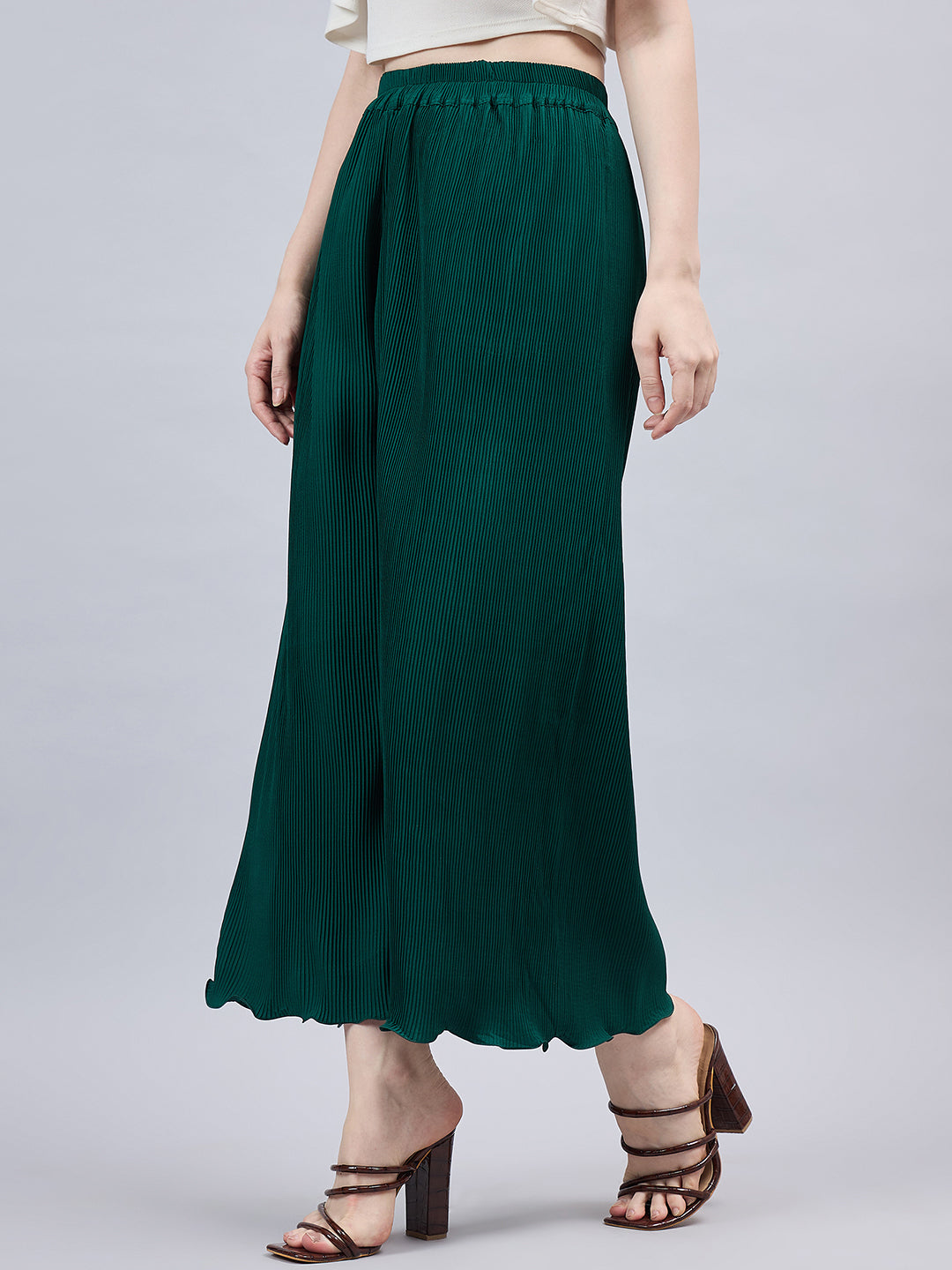 Bottle Green Pleated Chiffon Palazzo
