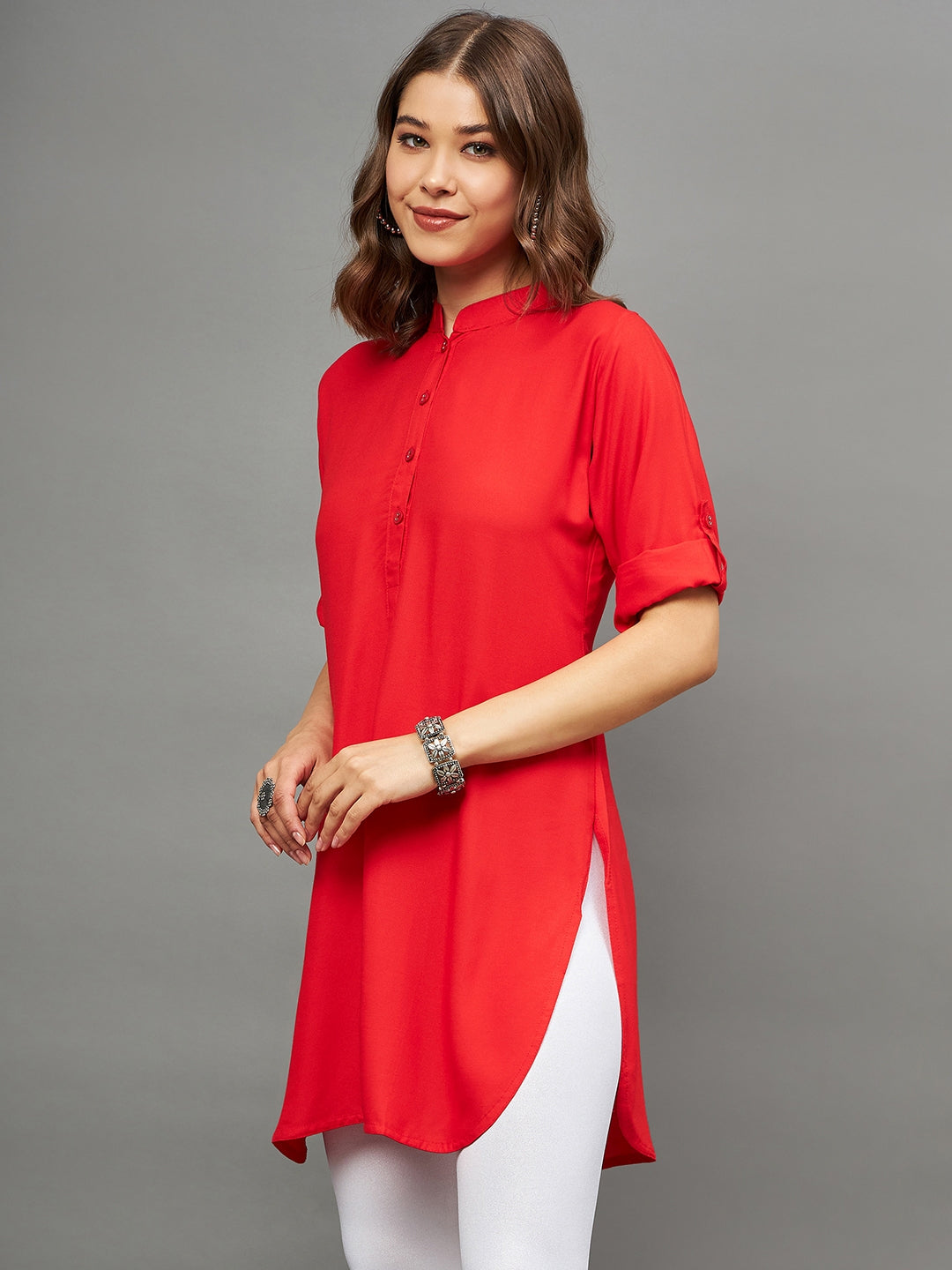 Bottle Green Solid Coloured Short Kurti - 32" Length