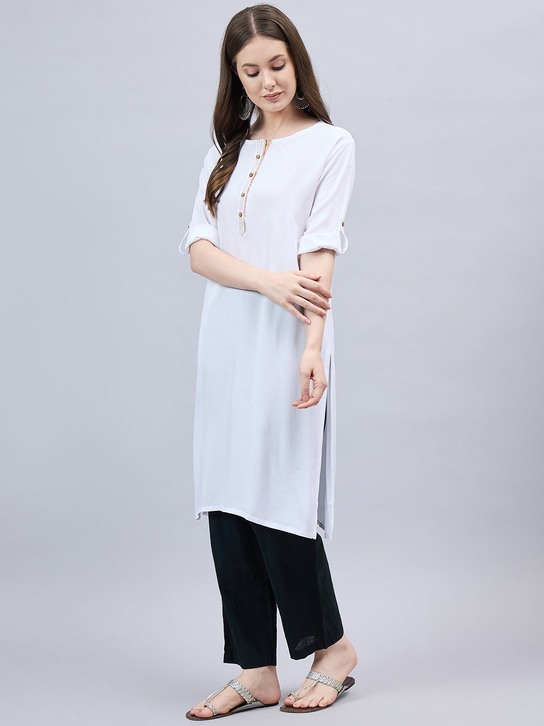 White Round Neck Straight Fit Rayon Kurti