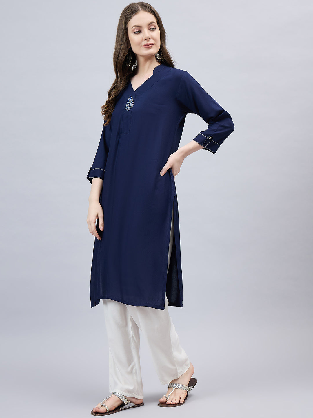 Navy Blue V-Neck Straight Fit Rayon Kurti