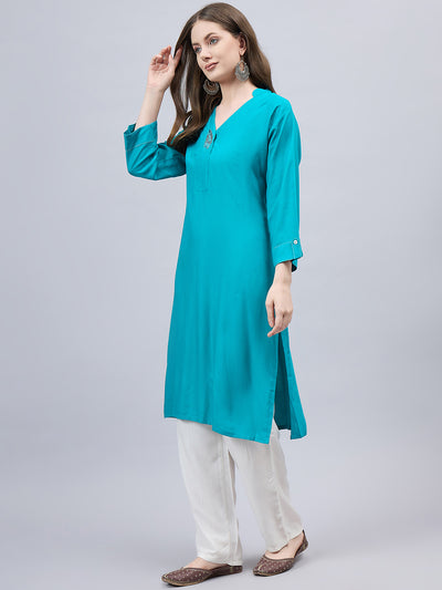 Turquoise V-Neck Straight Fit Rayon Kurti XL