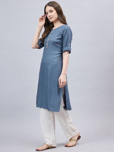 Dark Grey Round Neck Straight Fit Rayon Kurti