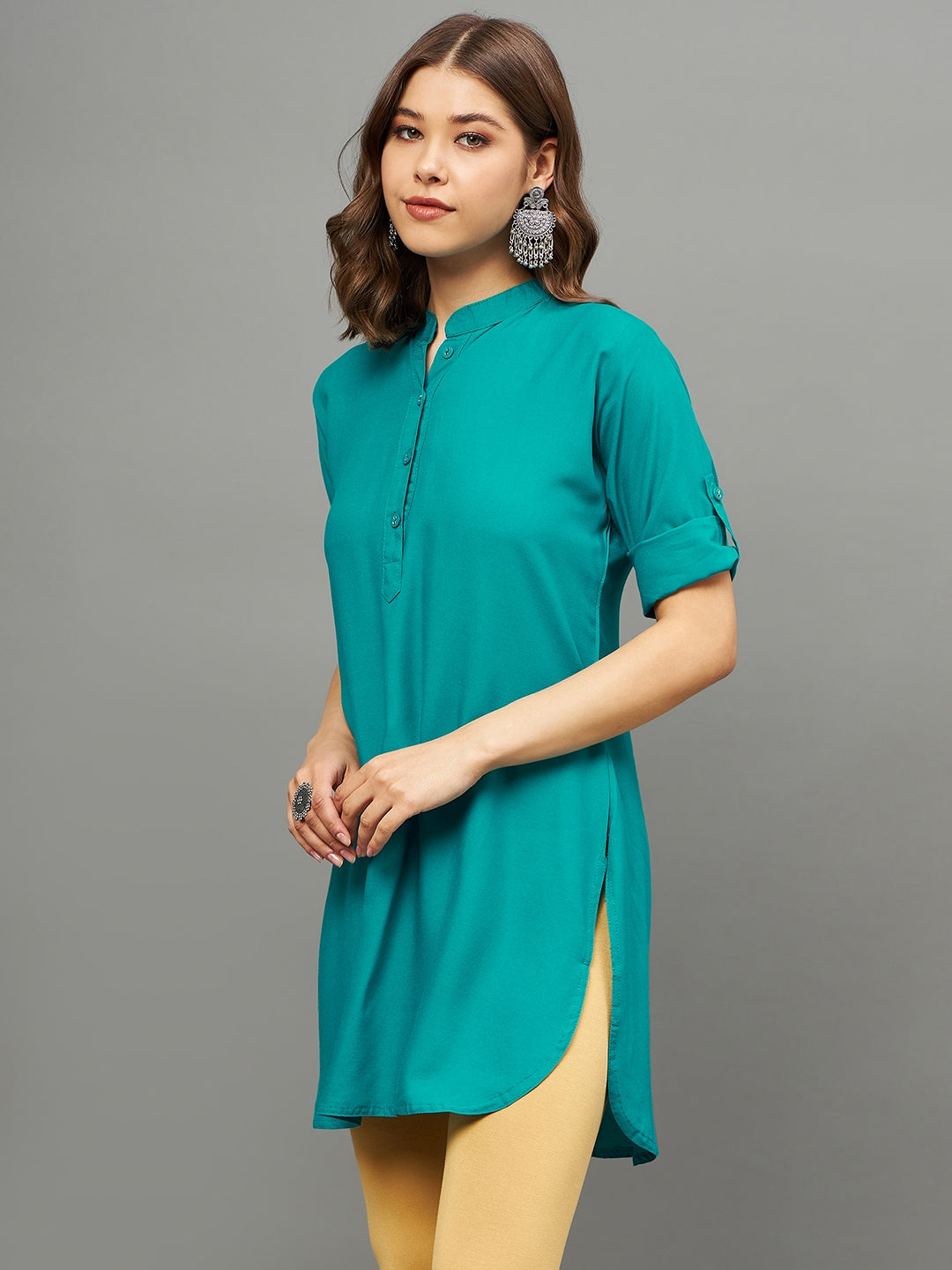 Bottle Green Solid Coloured Short Kurti - 32" Length