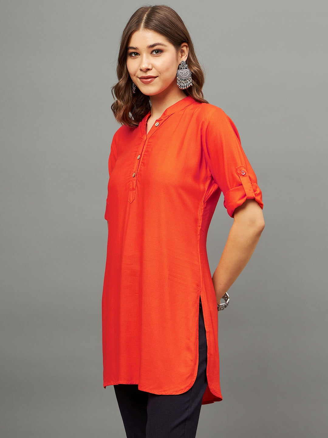 Bottle Green Solid Coloured Short Kurti - 32" Length