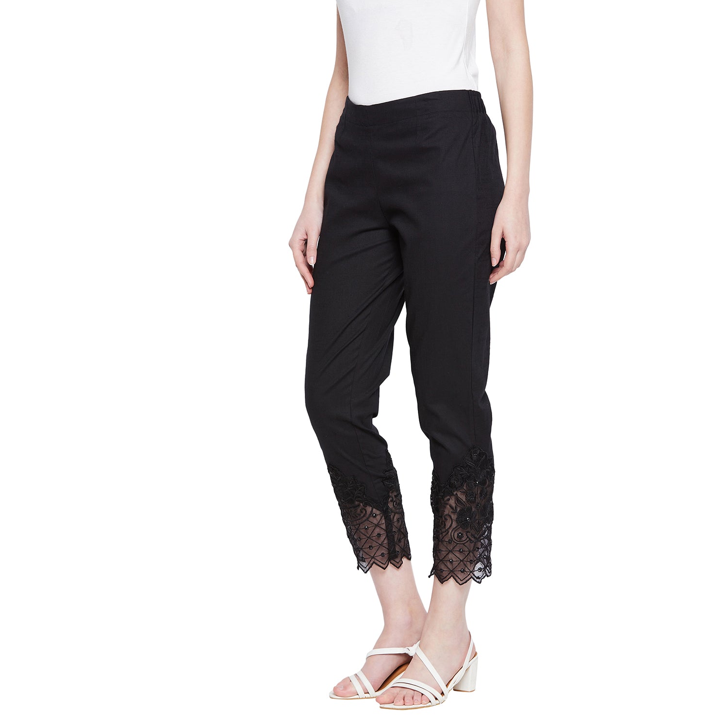 Black Embroidery Lace Cotton Lycra Pants