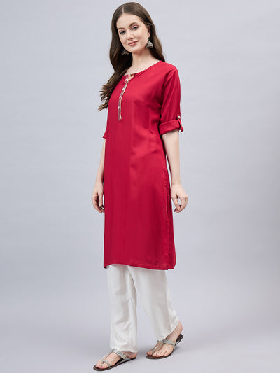 Red Round Neck Straight Fit Rayon Kurti