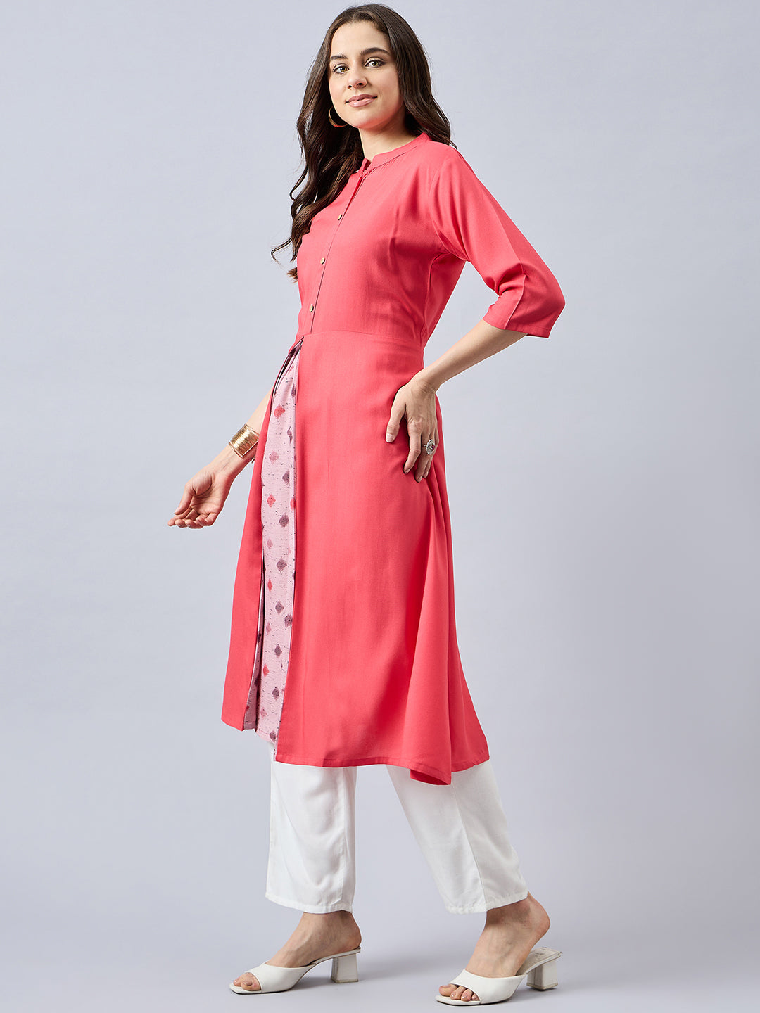 Women Mandarin Collar Anarkali Panelled Rayon Kurta