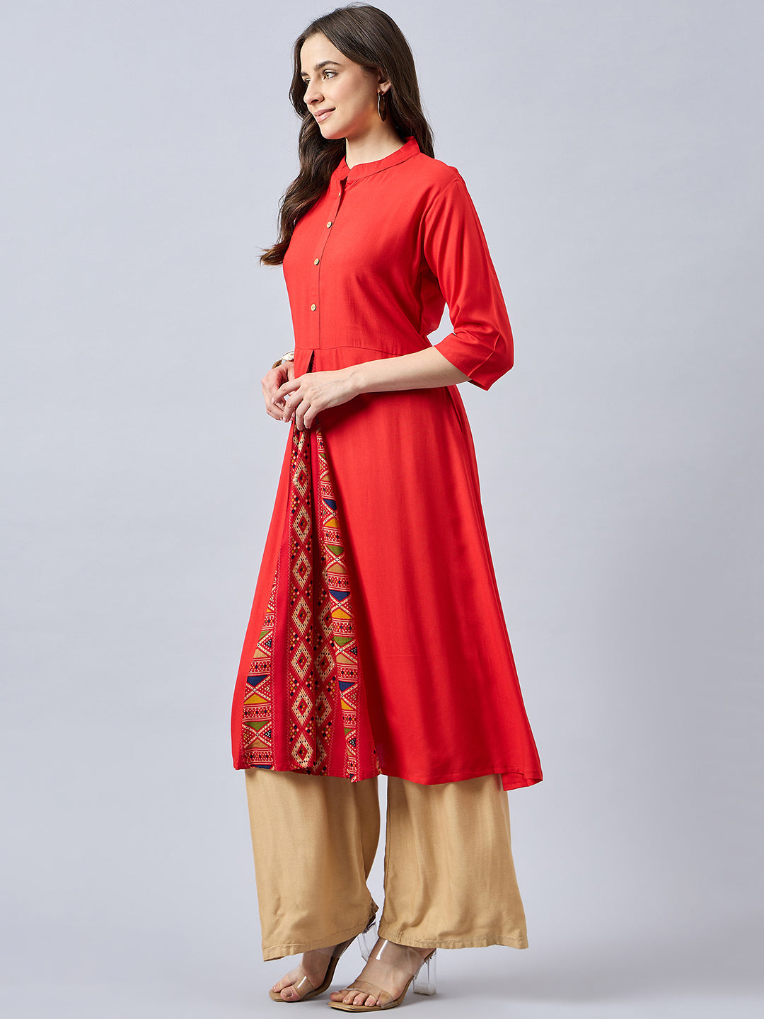 Women Mandarin Collar Anarkali Panelled Rayon Kurta
