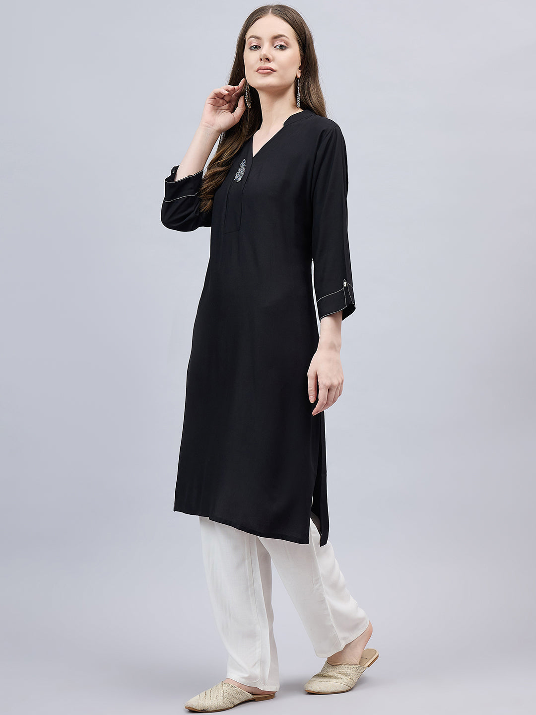 Black V-Neck Straight Fit Rayon Kurti