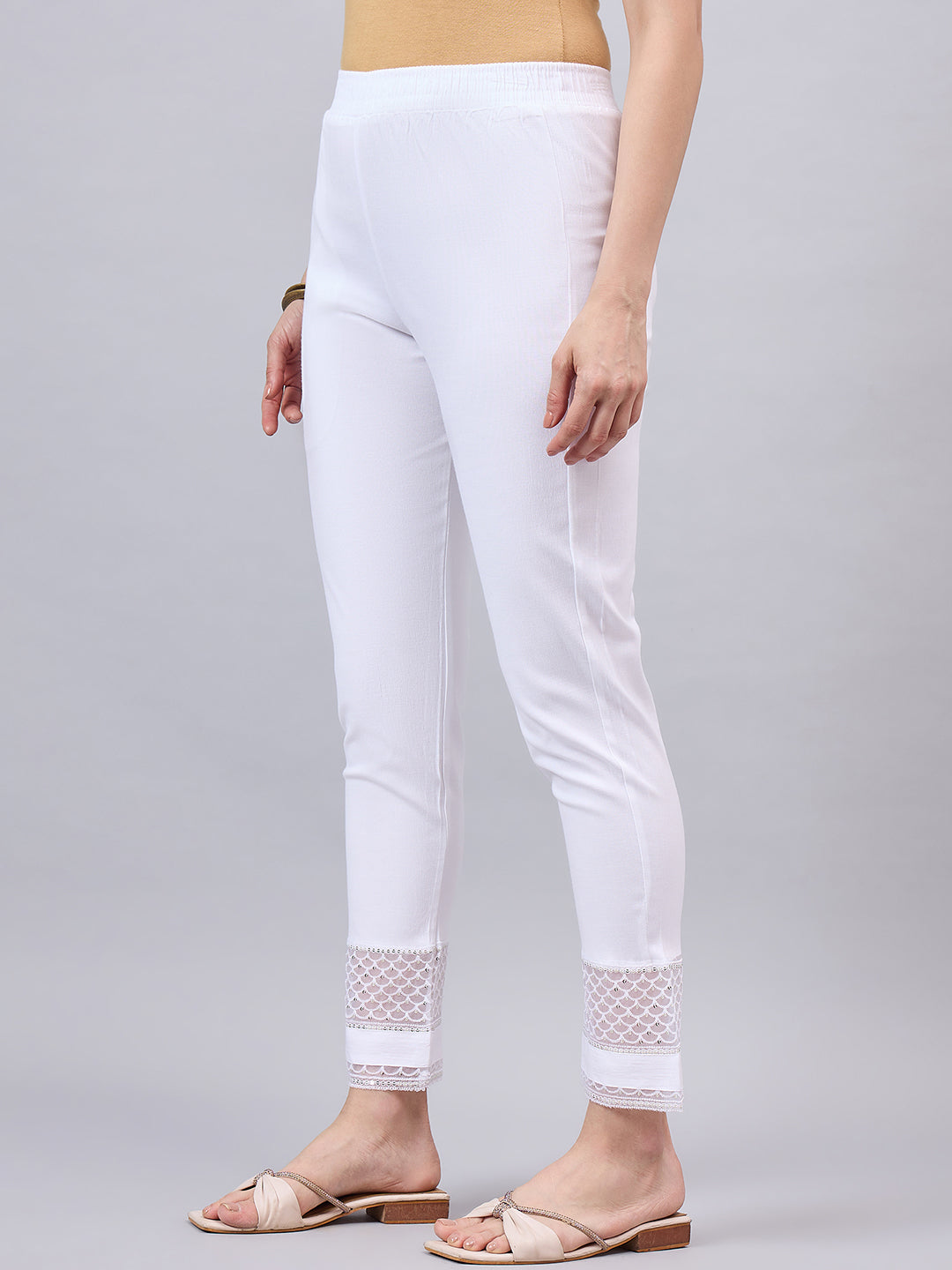 White Sequin Lace Pants M White