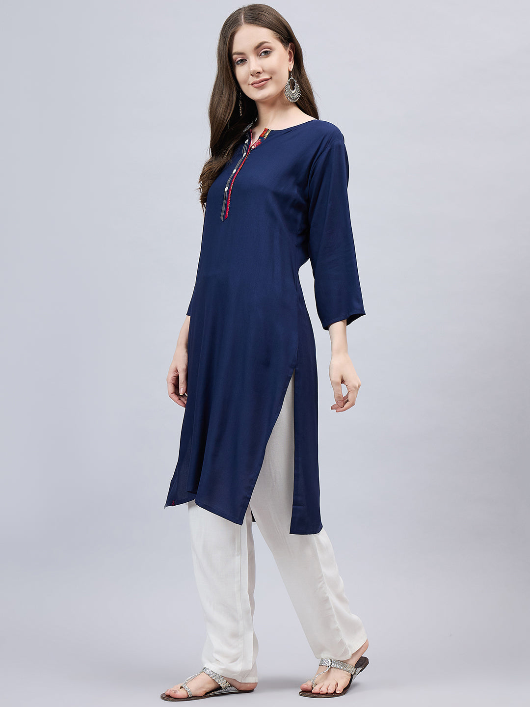 Navy Blue Round Neck Straight Fit Rayon Kurti